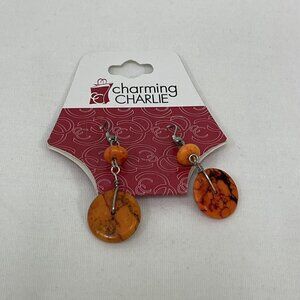 New Charming Charlie Stone Beads Dangle Hook Earrings Orange Black Button